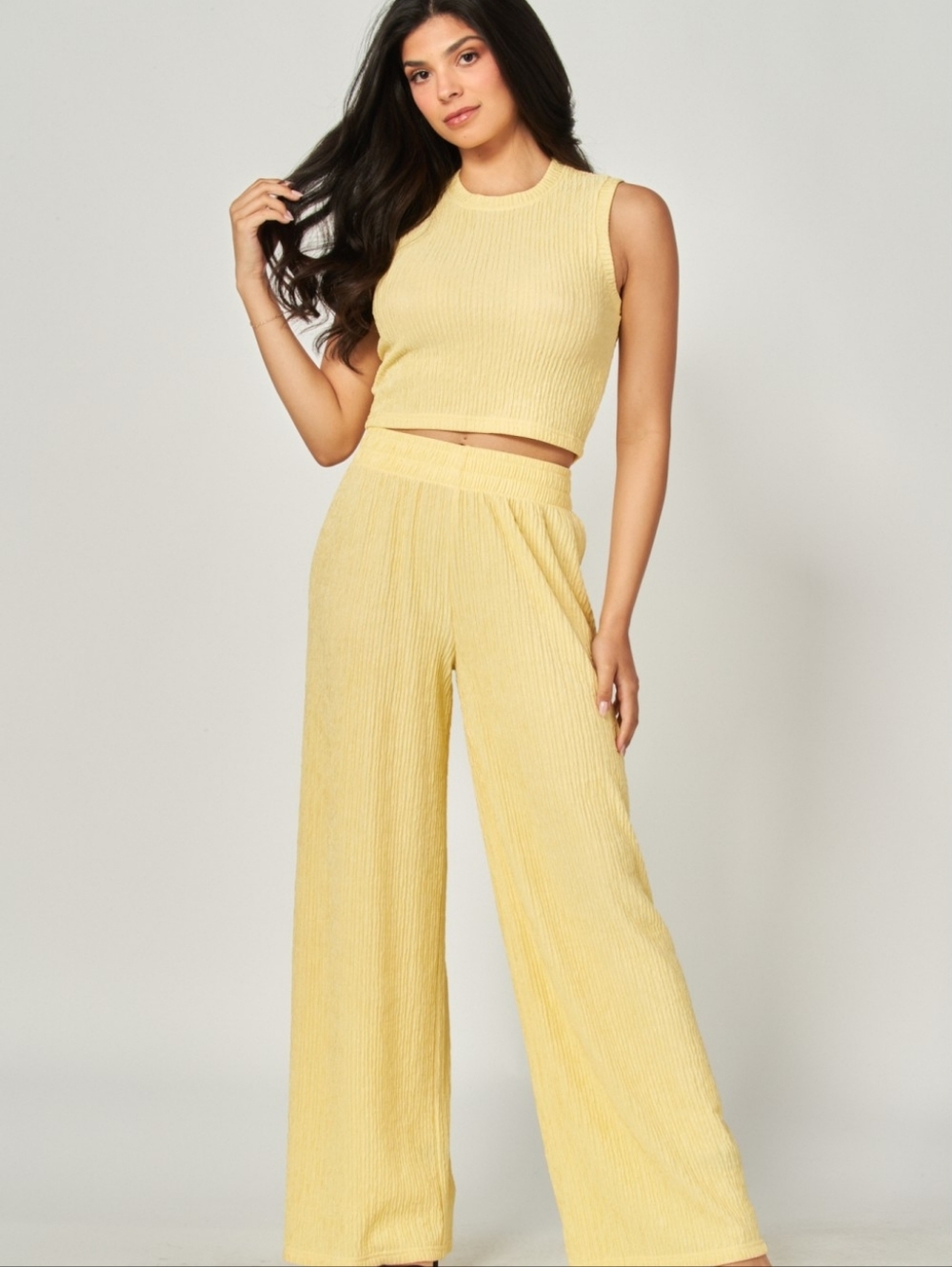 Yellow Sleeveless Crinkle Crop Pantsuit